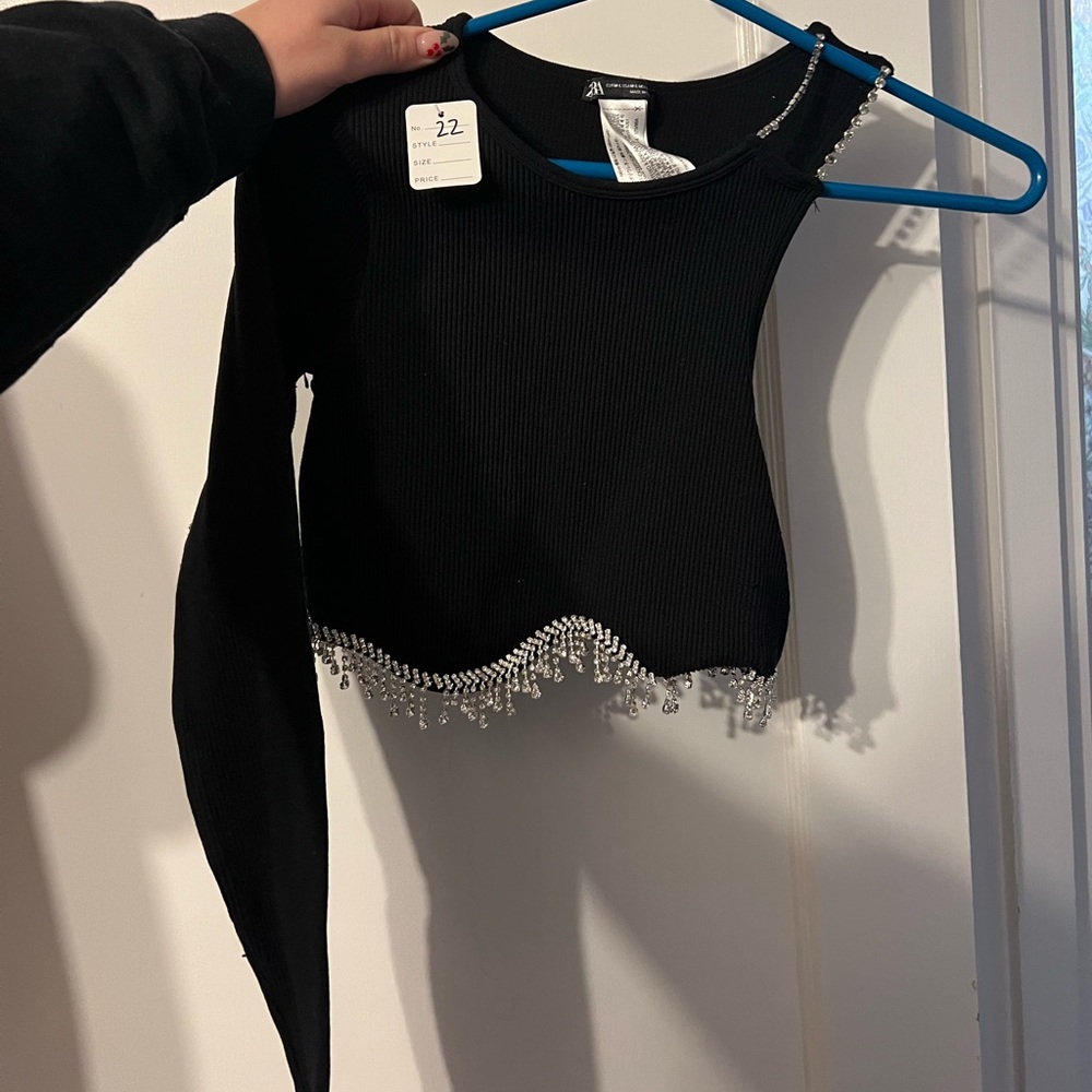asymmetrical Zara going out top with diamond fringe